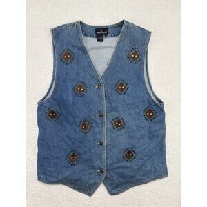 Carole Little Vintage Southwest Denim Vest Jean Womens 14W Plus Embroider Beaded